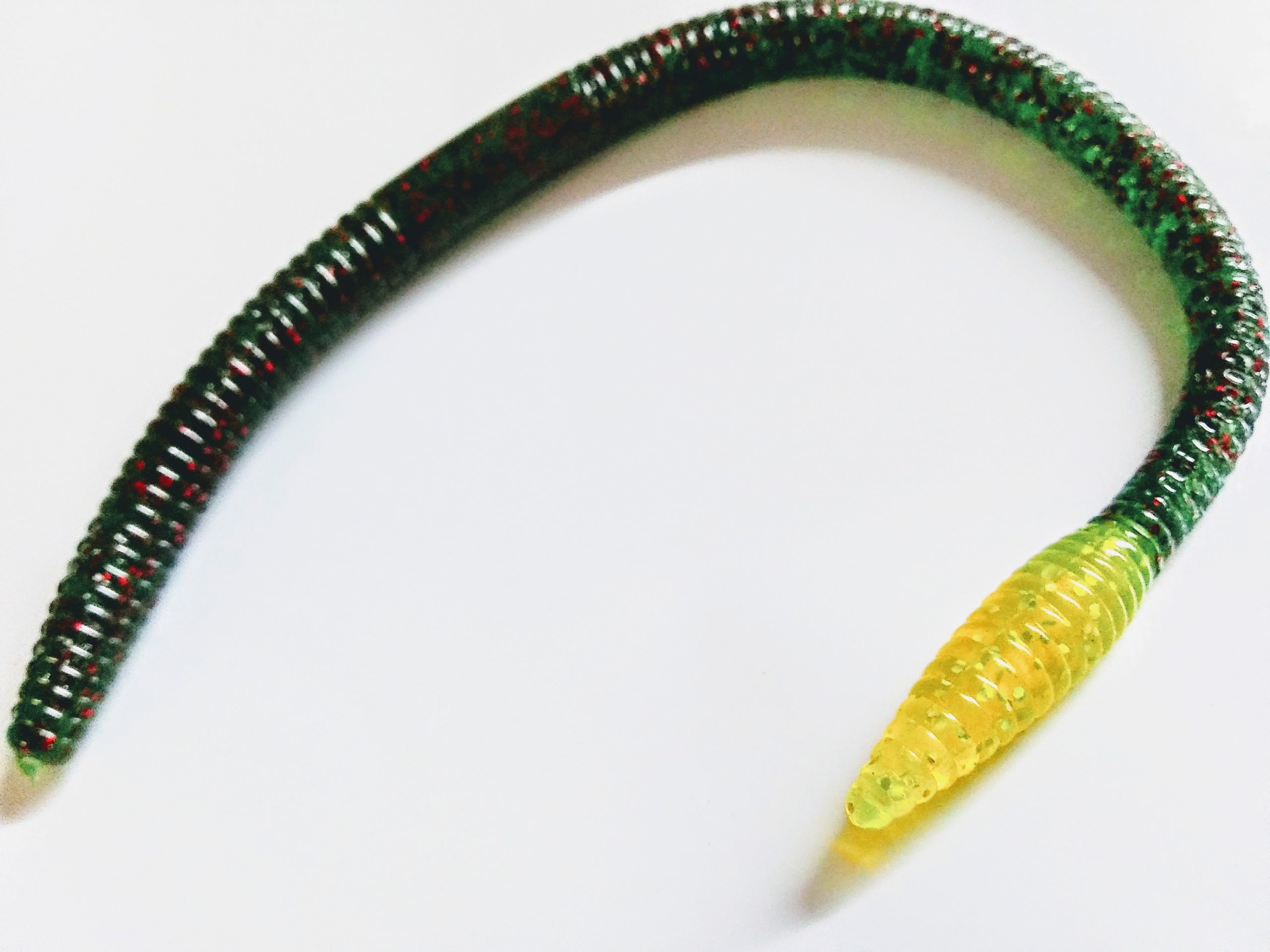 10 Inch worm soft plastic. Main body watermelon red Chartreuse tip. We call  this 10 inch slab - Get Hooked Magic Baits